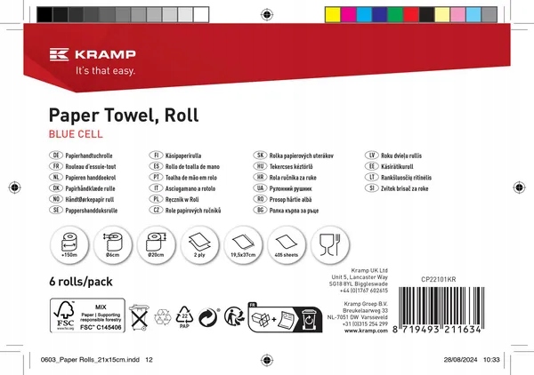 CP22101KR Ręcznik papierowy, niebieski w rolce, 19 cm x 150 m, 2-warstwowy, Ø zewnętrzna 200 mm, wytłaczany, 1 rolka