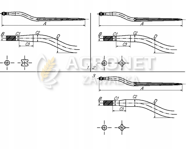 Zab-ladowacza-Agronet-wygiety-Zetka-880-mm-Stan-opakowania-oryginalne 5192FT88N1 Ząb ładowacza, wygięty: 70 mm profil podwójne T 36x895 mm końcówka szpiczasta z nakrętką M22x1.5 czerwony